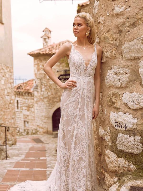 EZRA ML9718 Full Lace Fitted Gown with Plunging V-Neckline Lace Straps and Zip-up Back Wedding Dress