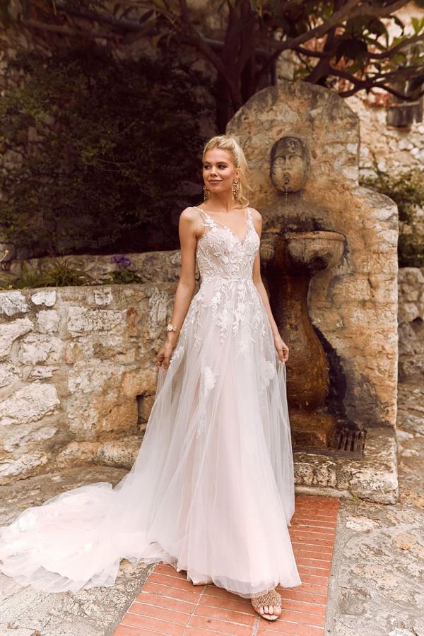 Halani V-Neckline Gown with Tulle and Lace Straps Fitted Bodice and Floaty Tulle Skirt Low Back with Zipper Wedding Dress