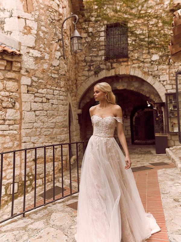 Harmony ML8419 Full Lace Strapless Gown with Fitted Bodice and Tulle Overlay Skirt Off Shoulder Detachable Straps and Zip-up Back Wedding Dress