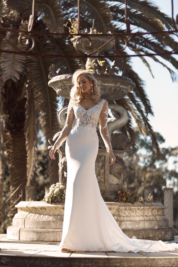 BRAE ML18033 FULL LENGTH FIT FLARE SILHOUETTE V NECKLINE WITH FLORAL LACE AND MID V BACK SHEER ILLUSION FINISH WEDDING DRESS MADI LANE BRIDAL2