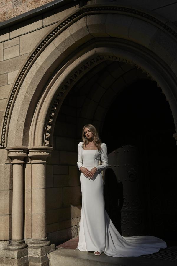 LILA_EY315 FULL CREPE FIT AND FLARE WEDDING DRESS WITH FULL SLEEVES AND BUTTON UP BACK EVIE YOUNG BRIDAL6
