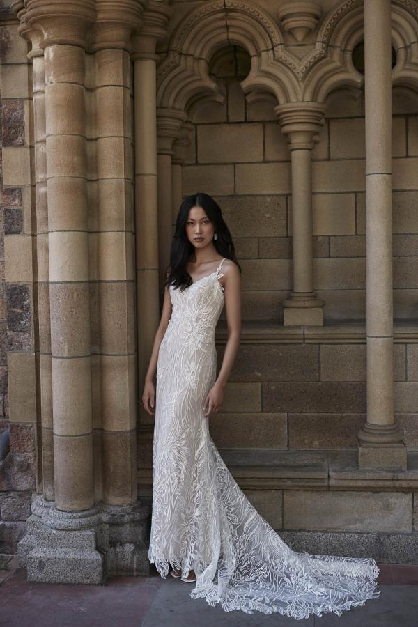 NEVE_EY331 FLORAL EMBROIDERED SHEETLACE WITH SPAGHETTI STRAPS FIT AND FLARE WEDDING DRESS WITH ILLUSION BACK EVIE YOUNG BRIDAL1