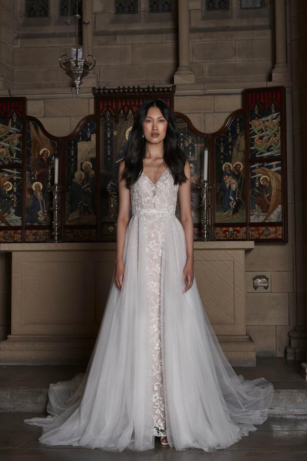 OLIVE_EY345 FLORAL LACE V NECK FIT AND FLARE WEDDING DRESS WITH DETACHABLE TULLE OVERSKIRT EVIE YOUNG BRIDAL 16