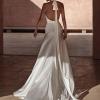 Satin, fit and flare wedding dress, halter neck