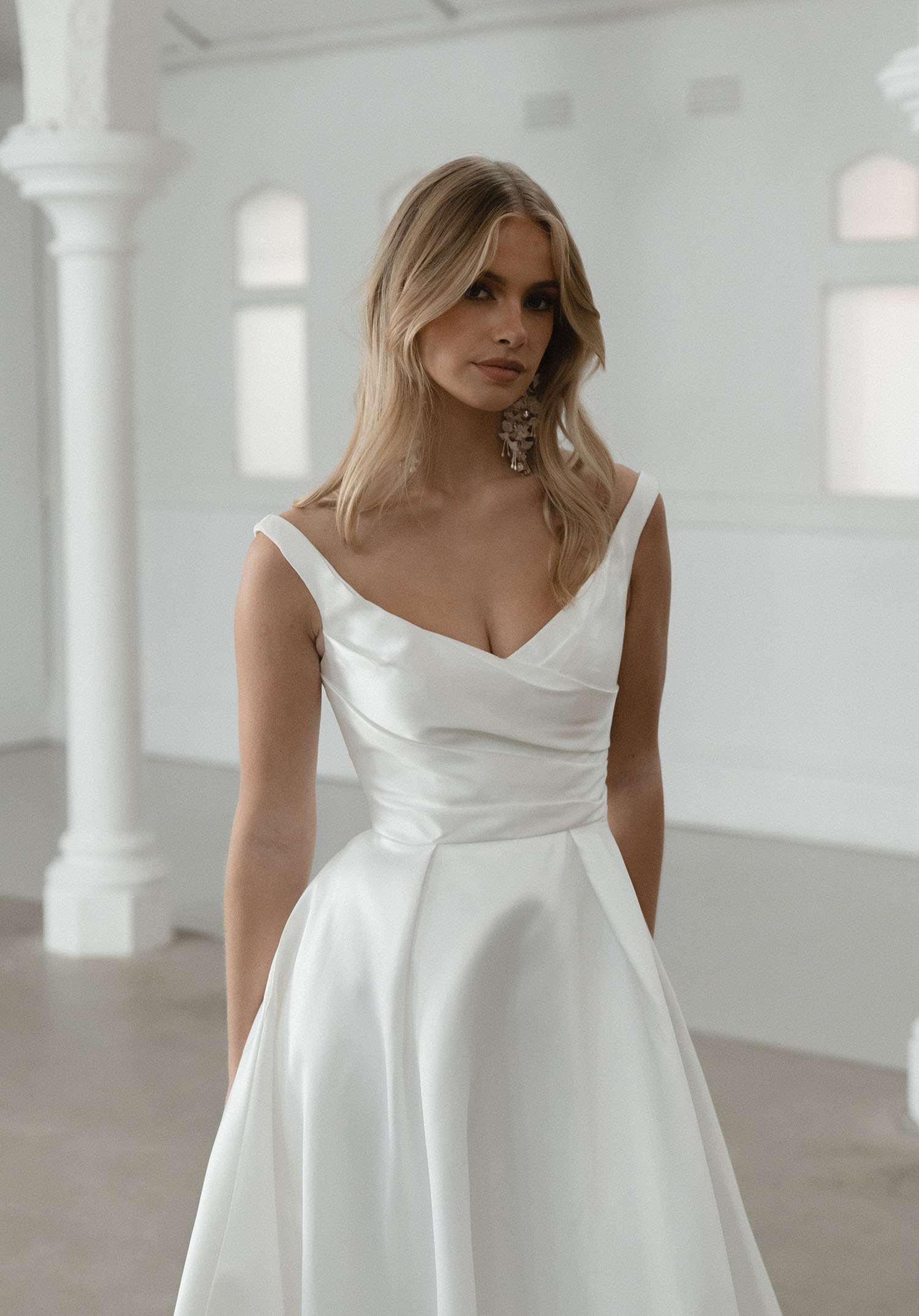 Seldon V Neck Satin A Line Wedding Dress