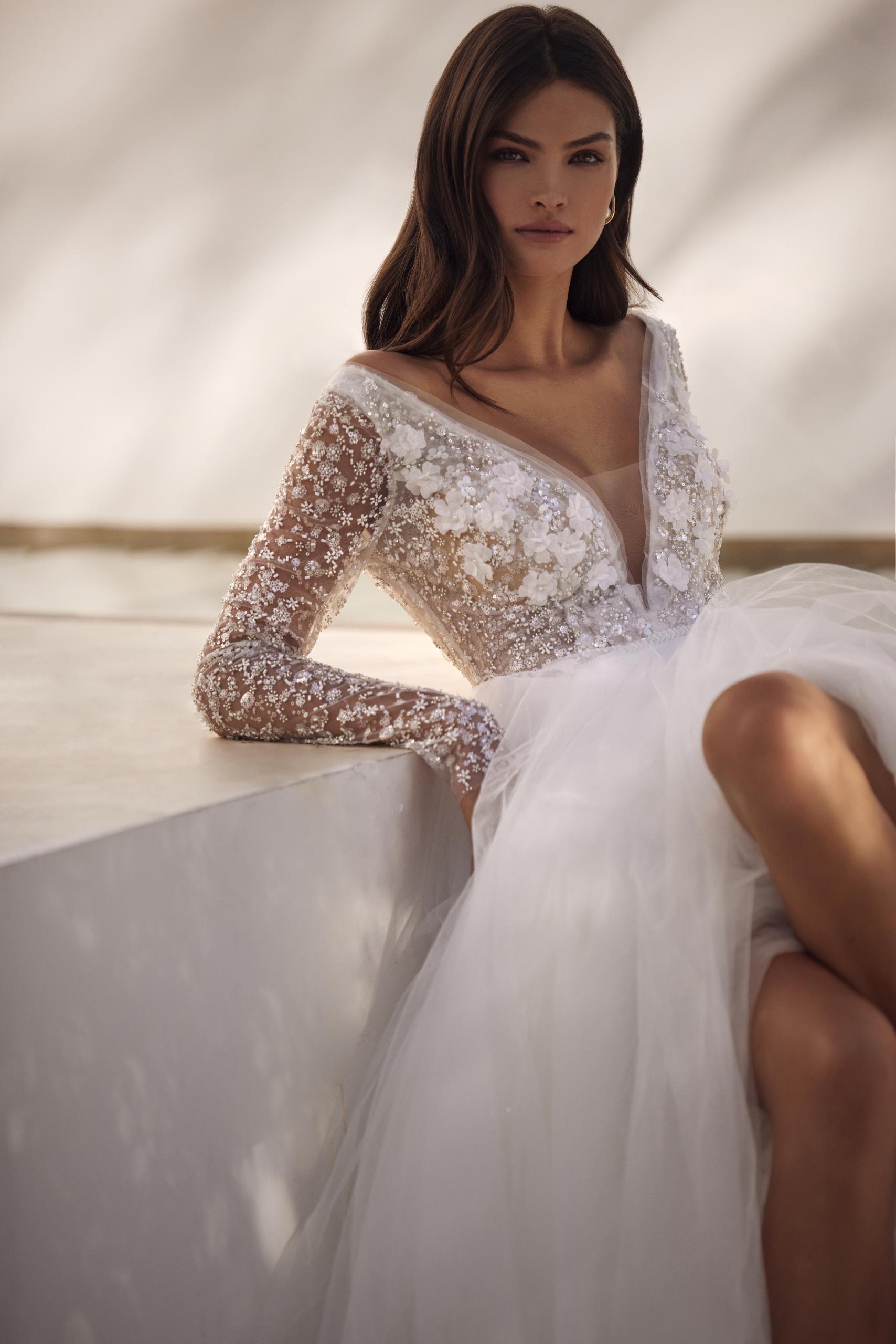 Fantasy Floral Lace Applique Plunging V Neckline Long Sleeves A-Line Wedding Gown