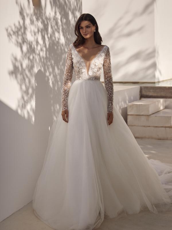Fantasy Floral Lace Applique Plunging V Neckline Long Sleeves A-Line Wedding Gown